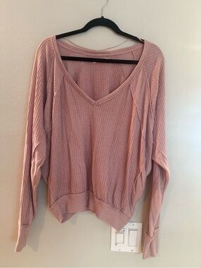 We The Free Free People Pink Santa Clara oversized waffle knit V-neck top  Small